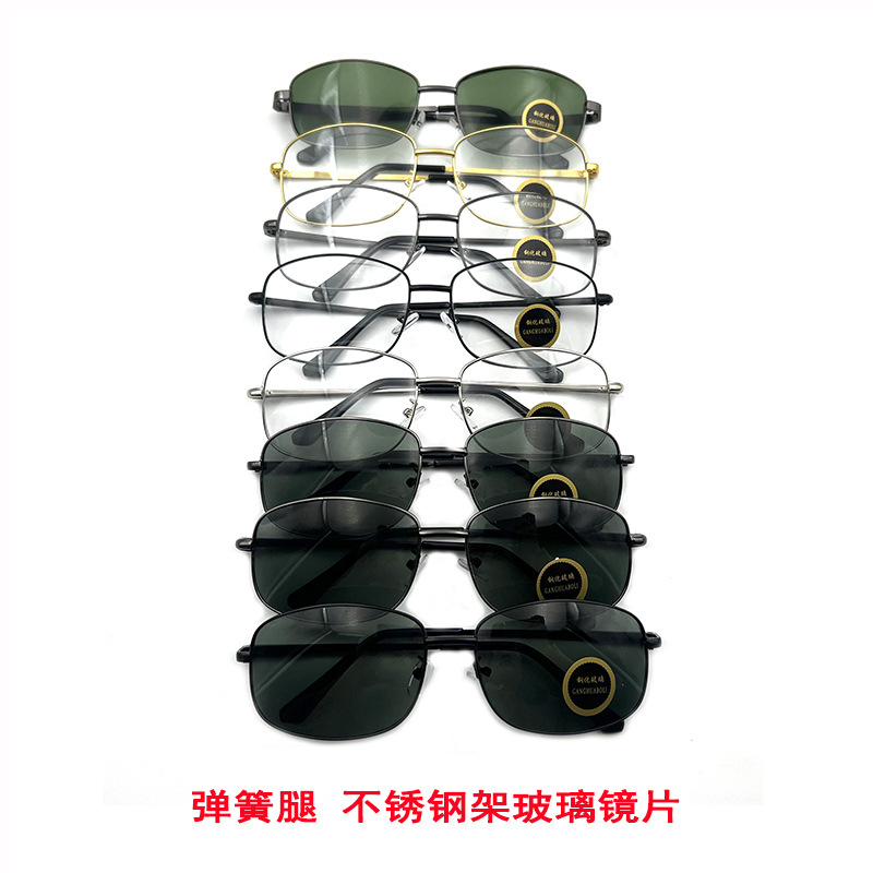 New Men's Tempered Glass Sunglasses Stainless Steel Spring Leg Flat Glasses Square Frame Single Beam Glass Sunglasses