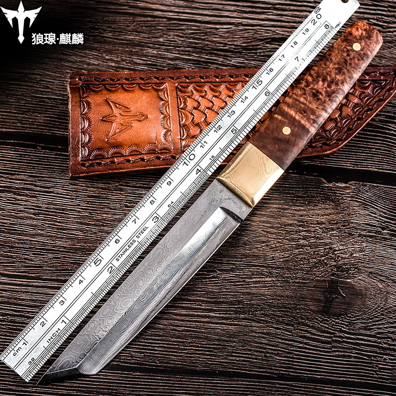 户外露营生存刀具大全防身野外求生战术直刀大马士革高硬度军工刀