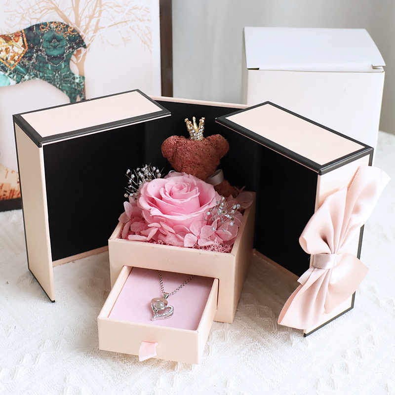 Nuevo oso rosa flor de dos puertas collar caja de regalo regalo de San Valentín flor eterna caja de joyería de rosa transfronterizo