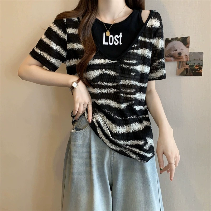150kg дизайнерская футболка больших размеров с короткими рукавами и принтом зебры для женщин, летняя женская футболка с широким животом, свободная, закрывающая живот, для похудения, искусственный топ из двух частей