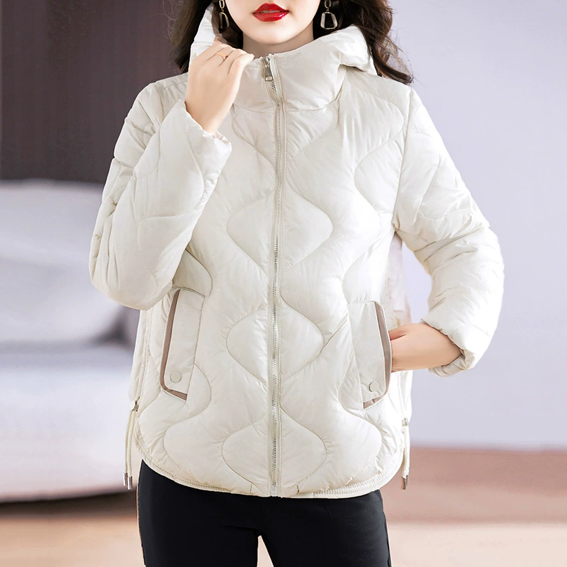 Short glossy fashionable light and thin down jacket with hood, 2024 years, western style, fitted