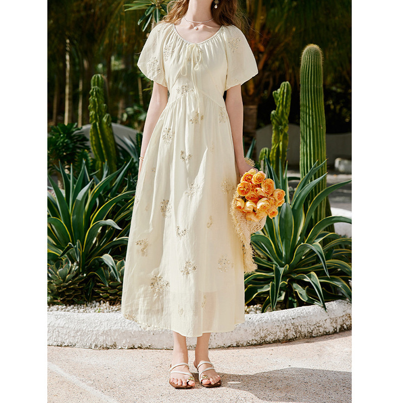 Tencel White Dress for Women 2026 New Model Hualu Xiajin Puff Sleeve Dress L96S175