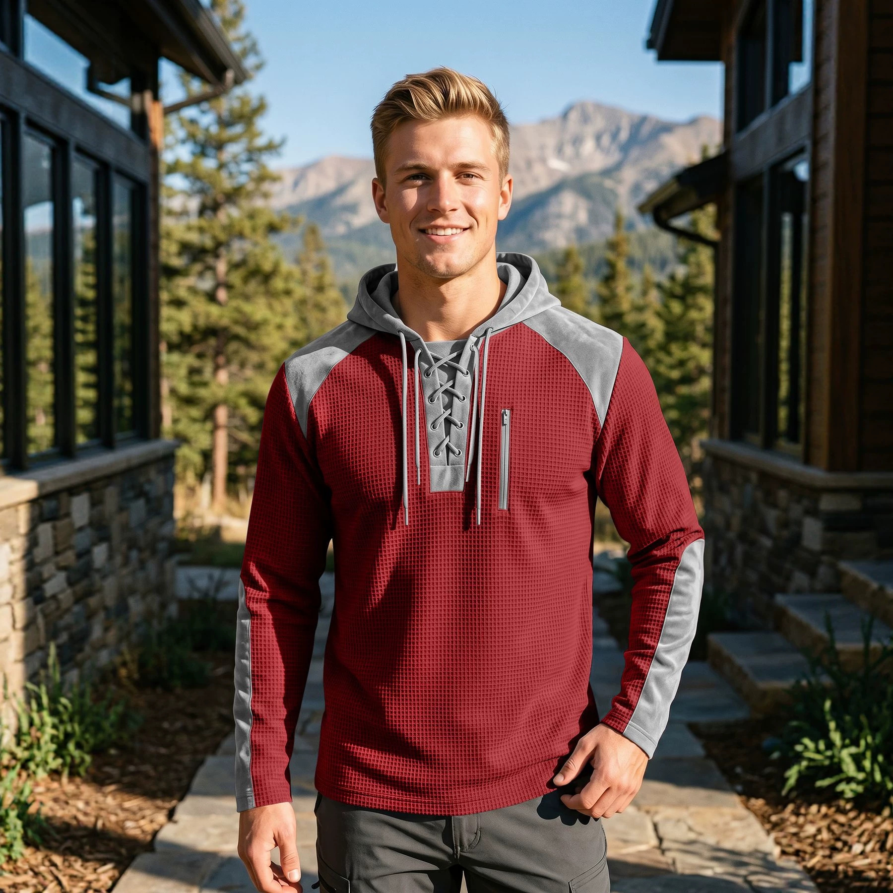 Nuevo cross-border Europa, América y Asia nuevo hombre correa chaqueta encapuchada chaqueta de color waffle chaqueta deportiva casual