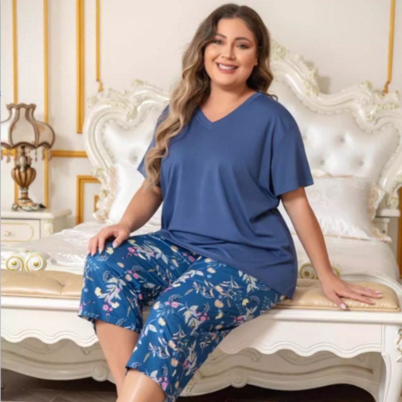 2025 Amazon Temu Cross-Border Hot-Selling Short-Sleeve Capri Pajama Set for Women, Plus Size, Casual and Simple