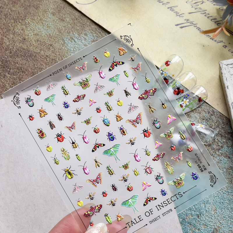 Tomoni Embossed Nail Art Stickers Popular Spring 5D Nail Stickers Stereo Oil Painting Flowers Colorfulful Insect Nail Art Decoration