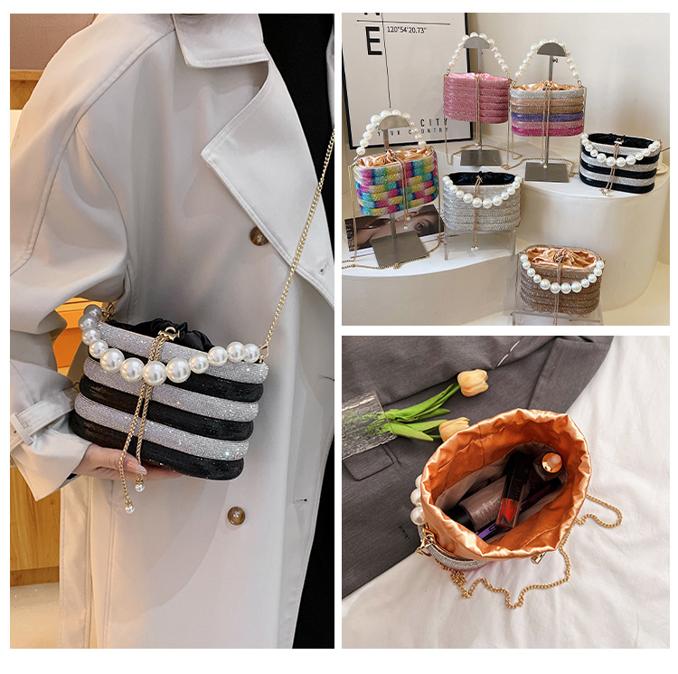 Bolso de lujo con cadena de diamantes y ondas, diseño francés, con diseño de cubo estúpido, brillante, con perlas de hadas y agua_voghion.com