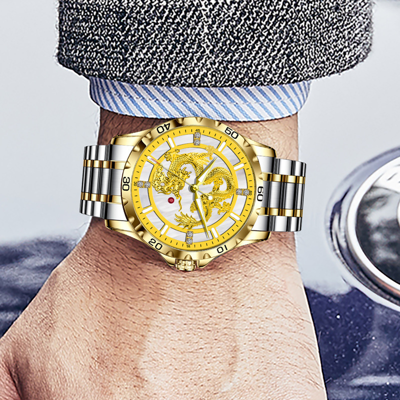 Đồng hồ nam automatic lộ máy dây thép vàng mặt trong suốt — Dây thép vàng vỏ vàng rồng 8982 (không xoay được hạt)