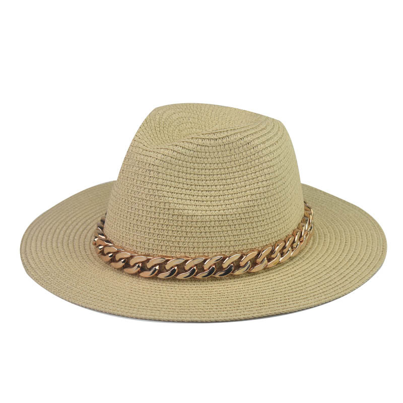 Comercio exterior transfronterizo Four Seasons Sombrero de paja de cadena grande de oro Cadena de sombrero de paja de Jazz de ala grande Sombrero de paja de tapa plana