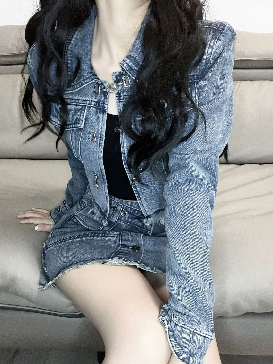 毛边牛仔外套半裙套装韩版复古小个子感牛仔长袖外套显瘦短裙严选