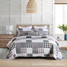 原单出口欧美风格活性磨毛涤棉仿拼块绗缝被床盖跨境热卖款三件套