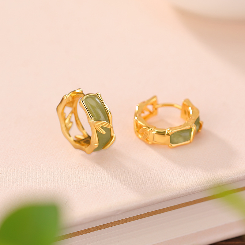 Khuyên tai bạc S925 mạ vàng hình hươu khắc lá tre phong cách cổ điển Trung Hoa — Một cặp
