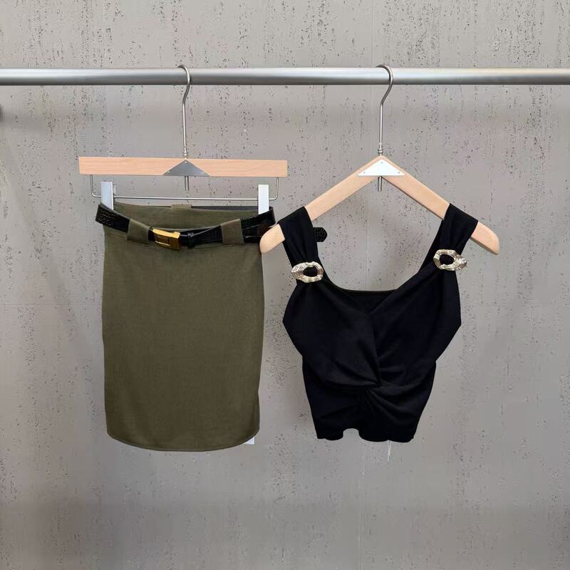2026 New Style V-Neck Sleeveless Metal Buckle Cross-Over Short Knit Vest Paired with a Belt and Semi-Elegant Skirt Set