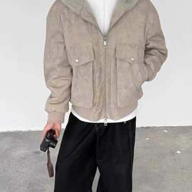 美式复古大理石座山雕棉服男款冬季仿水貂毛cleanfit加绒夹克外套