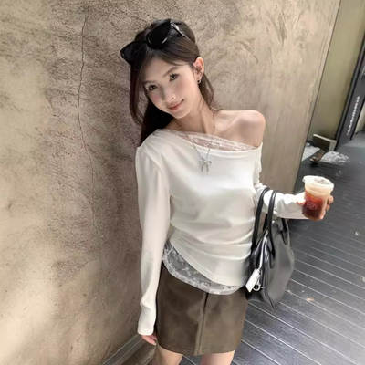 Pure Desire Style Lace Stitching Cross Shoulder Long-sleeved T-shirt Women's Early Autumn Design Sense Slim-fit Slimming Sexy Shoulder Top