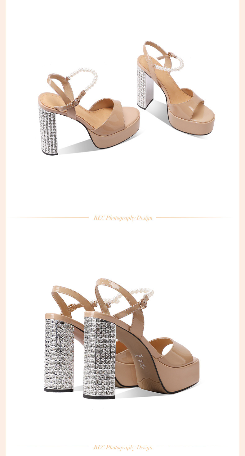 Sandal nữ cao gót mũi tròn quai ngang đính đá gót dày platform da sáng chế — đen chi tiết 5
