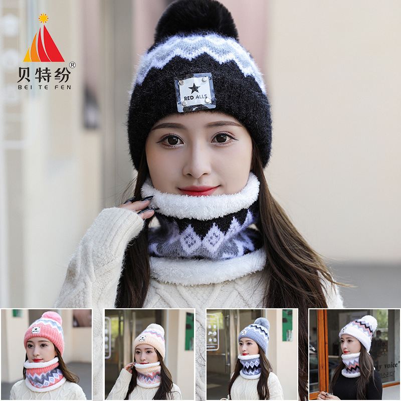 跨境围脖毛线帽子冬季加厚保暖骑车护耳帽日系甜美五星百搭两件套