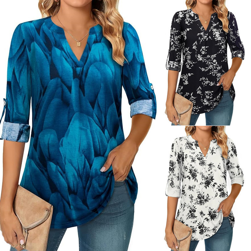 2025 Cross-Border New Women's T-Shirt Waist Top Casual Floral Shirt Long-Sleeved Fashion V-Neck Henry Shirt