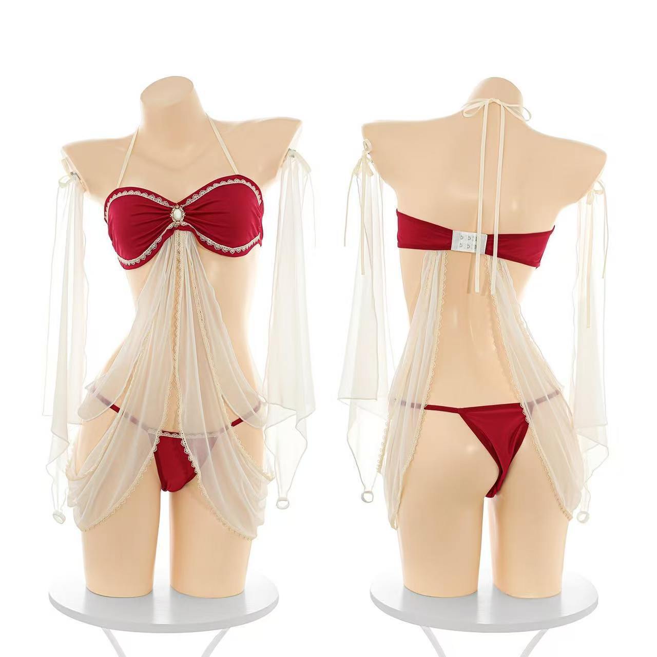 Sheer Lace Halter Neck Lingerie Set with Mesh Skirt and Briefs, Slimming Three-Piece Outfit — detail image 5