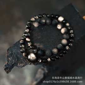 天然黑曜石陨石纹手链银曜石手串男个性光面磨砂设计双圈手链女