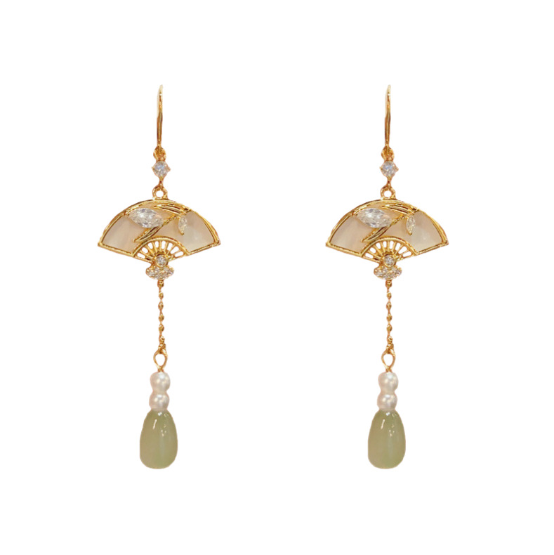 Oferta especial: Pendientes largos con borlas en forma de abanico, estilo chino, con pedrería, diseño exclusivo, accesorios de lujo ligero para las orejas, novedad de verano.