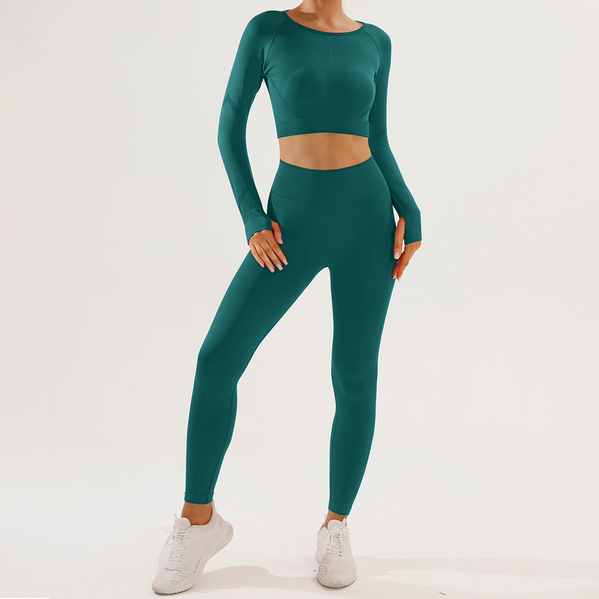 Traje de ropa de yoga sonriente sin costuras europeo y americano, pantalones de manga larga para mujer, traje de dos piezas, traje de pantalones de fitness de cadera de miel sonriente delgado