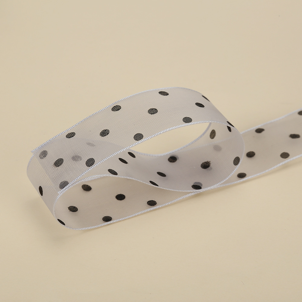 2,5 cm Polka Dot hilo transparente impresión cinta flores floral caja de regalo embalaje con puntos organza fábrica al por mayor