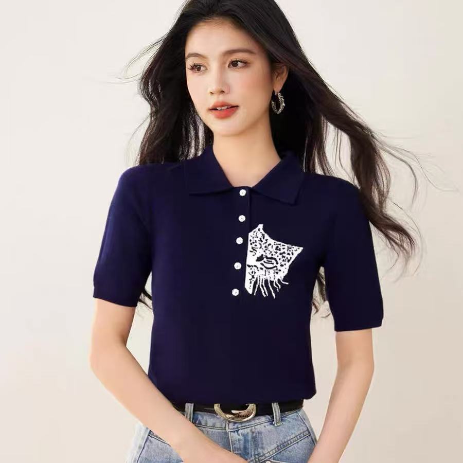Áo thun polo nữ tay ngắn thêu họa tiết, phong cách Mỹ ôm body — màu xanh chi tiết 2