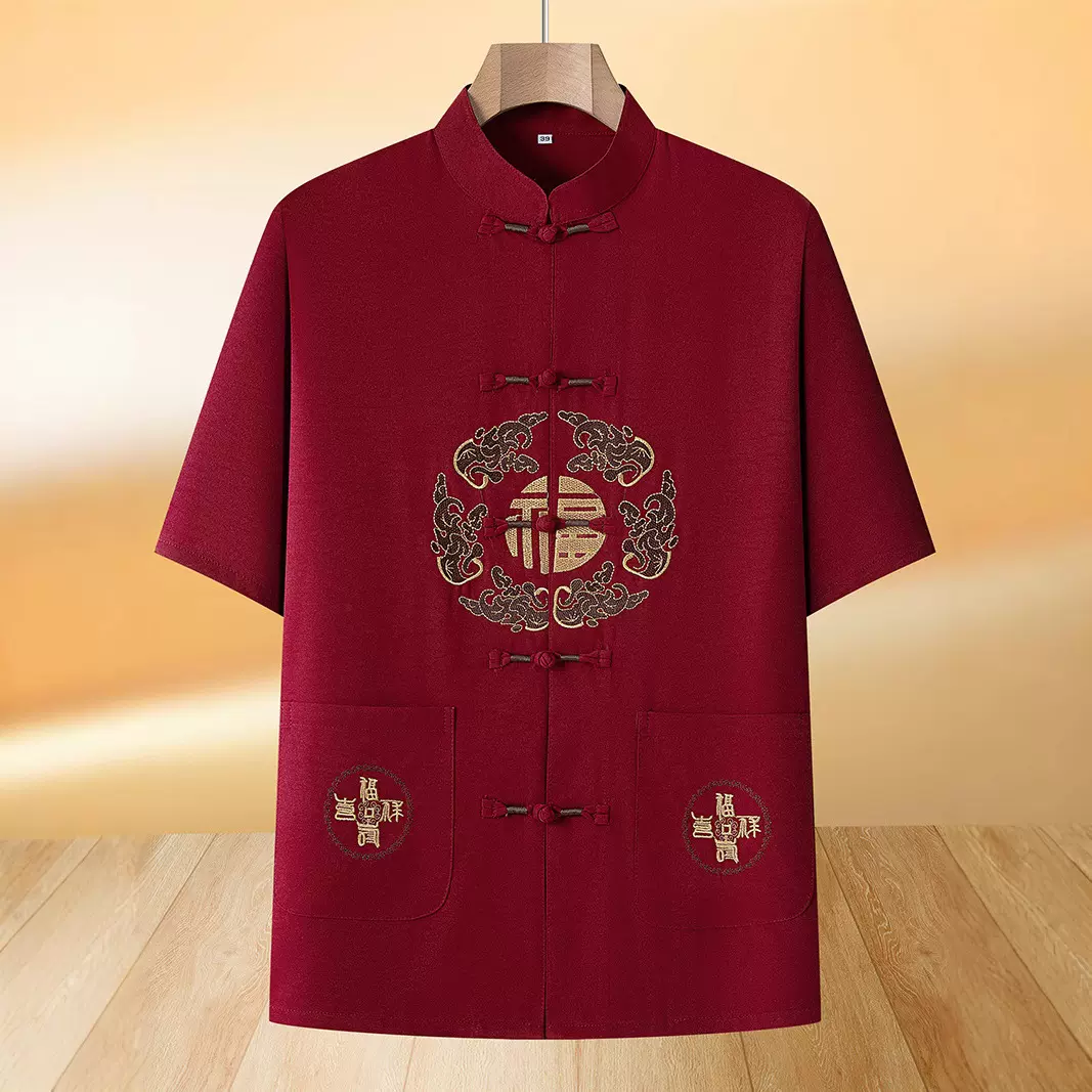 冰丝唐装男士短袖上衣夏季中老年人薄款衬衫大码生日祝寿老人衣服