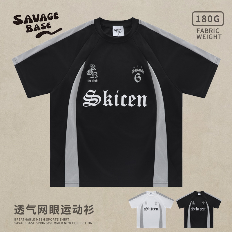 Cross-border American retro summer 180g light breathable mesh sports T-shirt men's and women's stitching raglan sleeve training clothing