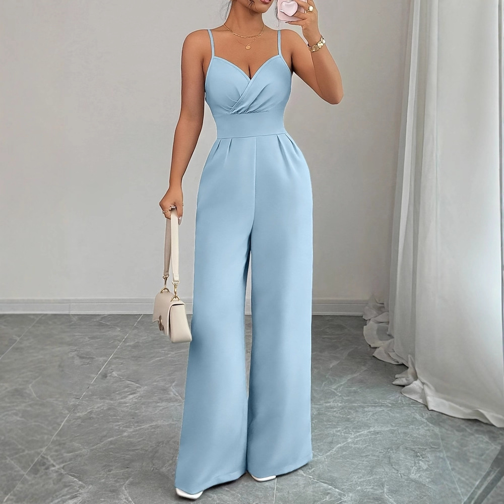 Foreign Trade Women's Clothing 2025 Hot Selling Women's Elegant Simple Pure Color High Waist Jumpsuit Summer Casual Loose Jumpsuit