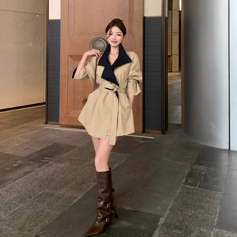 RHGD实拍2025短款风衣外套女韩系气质撞色收腰翻领系带大衣2025|undefined