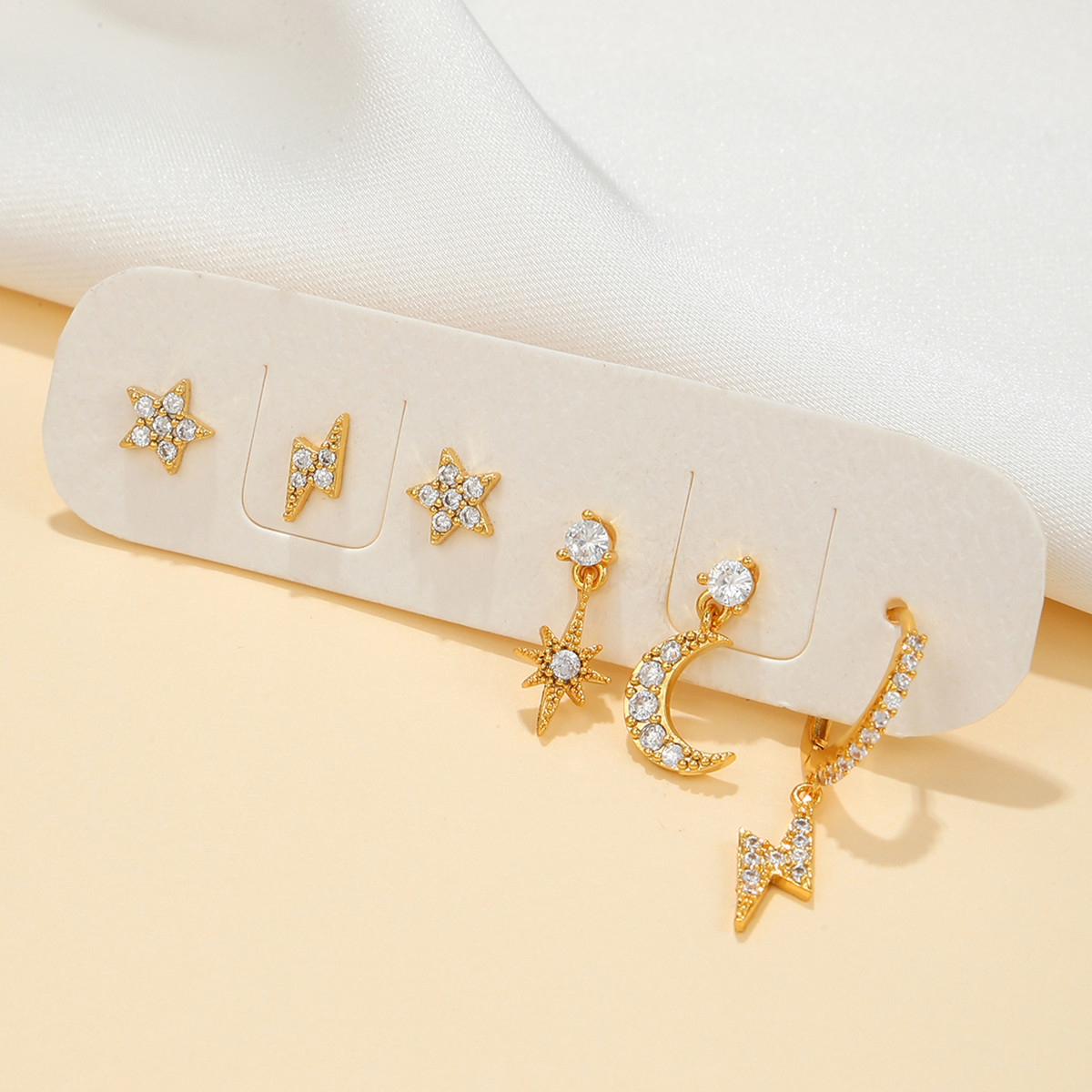 Daily Occasion 6 Pieces Fashion Star Moon Lightning Copper Plating Zircon Earrings