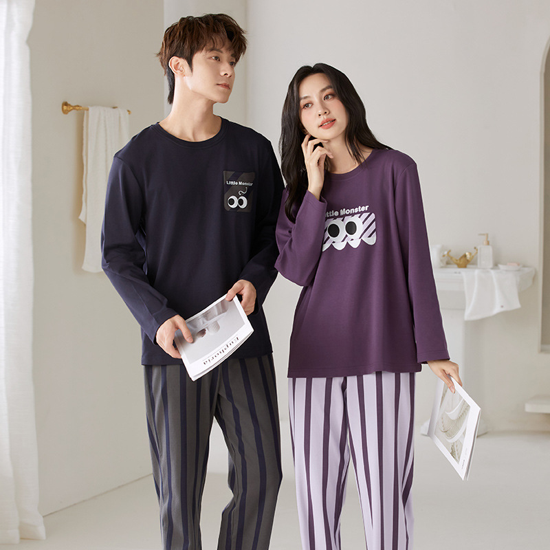 Pajamas for Couples, Long-Sleeved Pants, Round Neck Pullover, Casual Men's Pure Cotton Home Clothes, Cartoon Women's Pajamas That Can Be Worn Outside