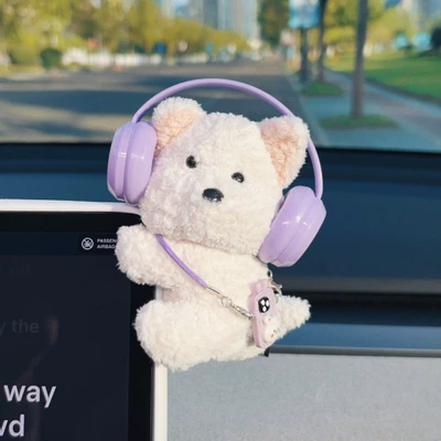 New Car Ornaments Plush Car ornaments - papa-ornaments-free-glue-white-puppy-purple-headphones-purple-mobile-phone-on-the-back