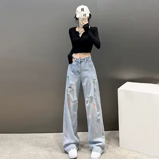 破洞牛仔裤男款直筒美式高街vibe裤子显腿长修身潮牌微喇裤