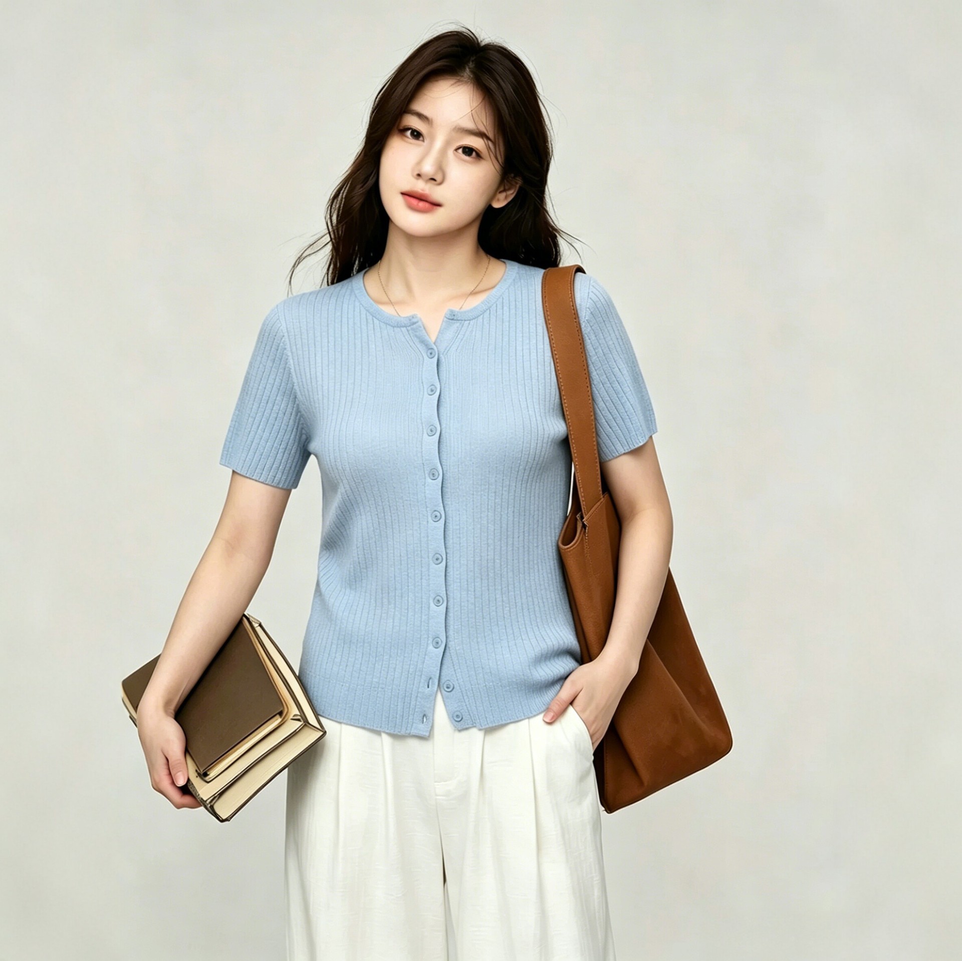 Plus-size, high-quality knitted short-sleeved cardigan top for plus-size women, ribbed knit T-shirt, suitable for women weighing up to 200 lbs, knitted style, 9202.
