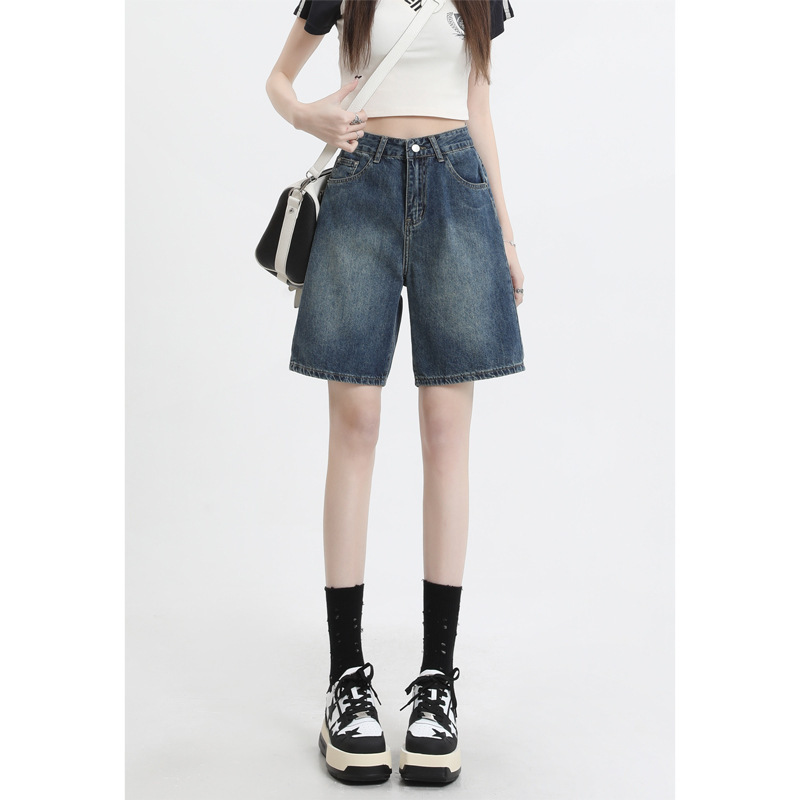 American-style Retro High Waist Denim Shorts Women's Summer Small Loose Slim-fit Mid-length Pants A- length Straight Pants American-style Retro High Waist Denim Shorts Women's Summer Small Loose Slim-fit Mid-length Pants A- length Straight Pants