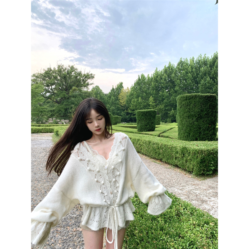 2025 New Autumn Clothing French Cut Out Crochet Women's Knitted Sweater V Neck Loose Drawstring Lazy Top Jacket