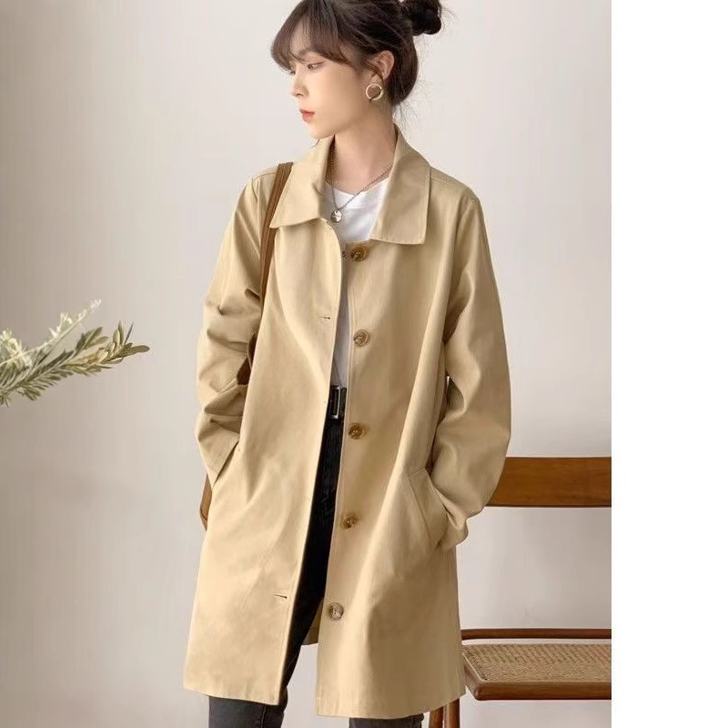 Windbreaker Women's Mid-length Casual Early Spring and Autumn Top Women's Korean-style Loose Student Solid Color Street Shoot Jacket Trendy Instagram Style