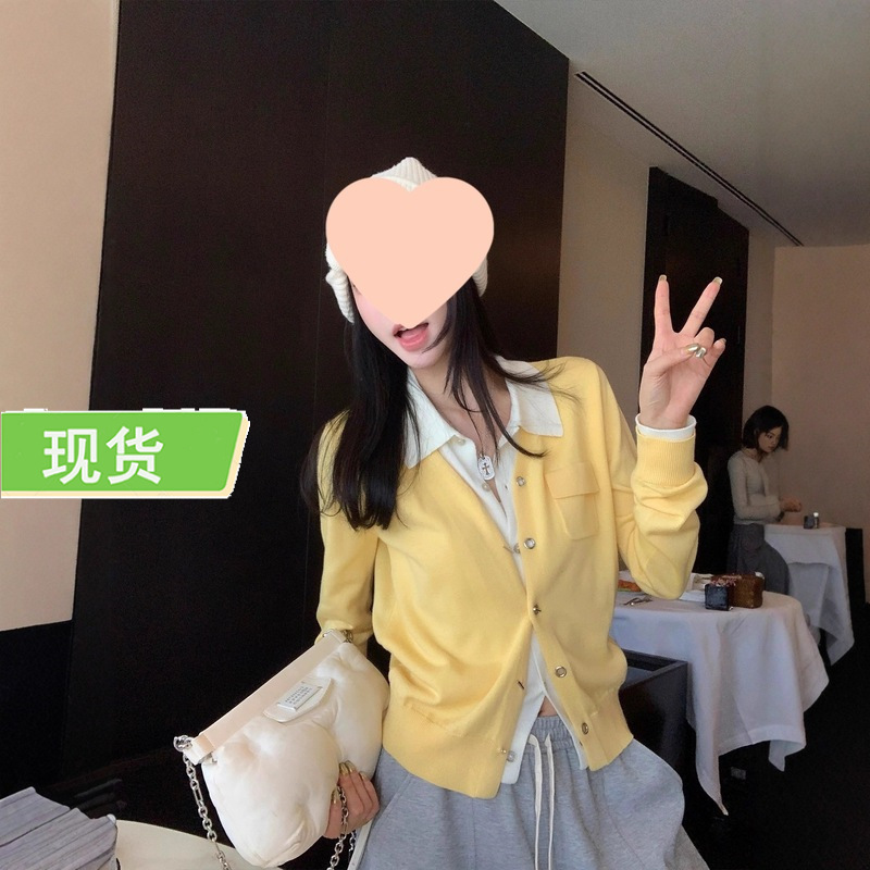 欧阳撞色假两件针织衫女秋季新款慵懒风毛衣拼接长袖开衫上衣|undefined