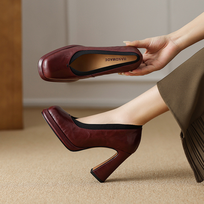 Giày cao gót nữ mũi nhọn chữ V da cừu, gót 9.8 cm, đi làm xuân thu — Màu nâu