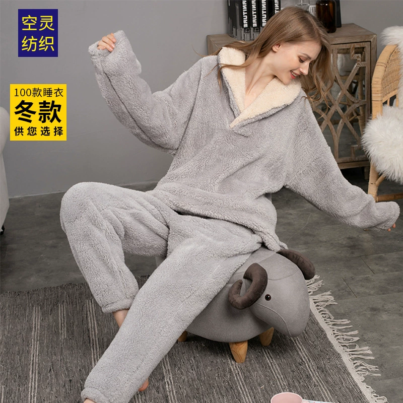 Трансграничные зимние пижамы женские коралловые флисовые пижамы фланелевые лацкановые костюмы утолщенные пары Домашняя одежда поколение волос