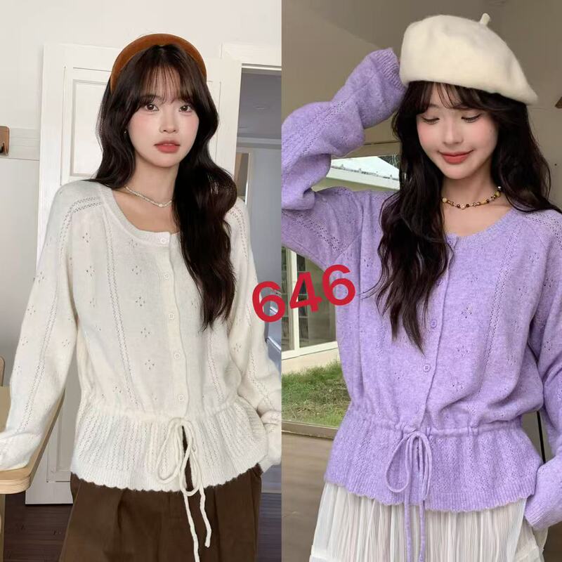 Korean-Style Gentle Crochet Hollow-Out Knit Base Shirt for Women, Spring Season Drawstring Slim-Fit Design Long-Sleeve Thin Jacket