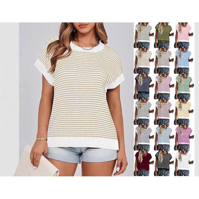 Cross-Border European and American Women's Short-Sleeved Sweaters 2025 Spring and Summer Round Neck Stripesd Pullover Hooded Sleeves Knitted Sweater Vest Tops