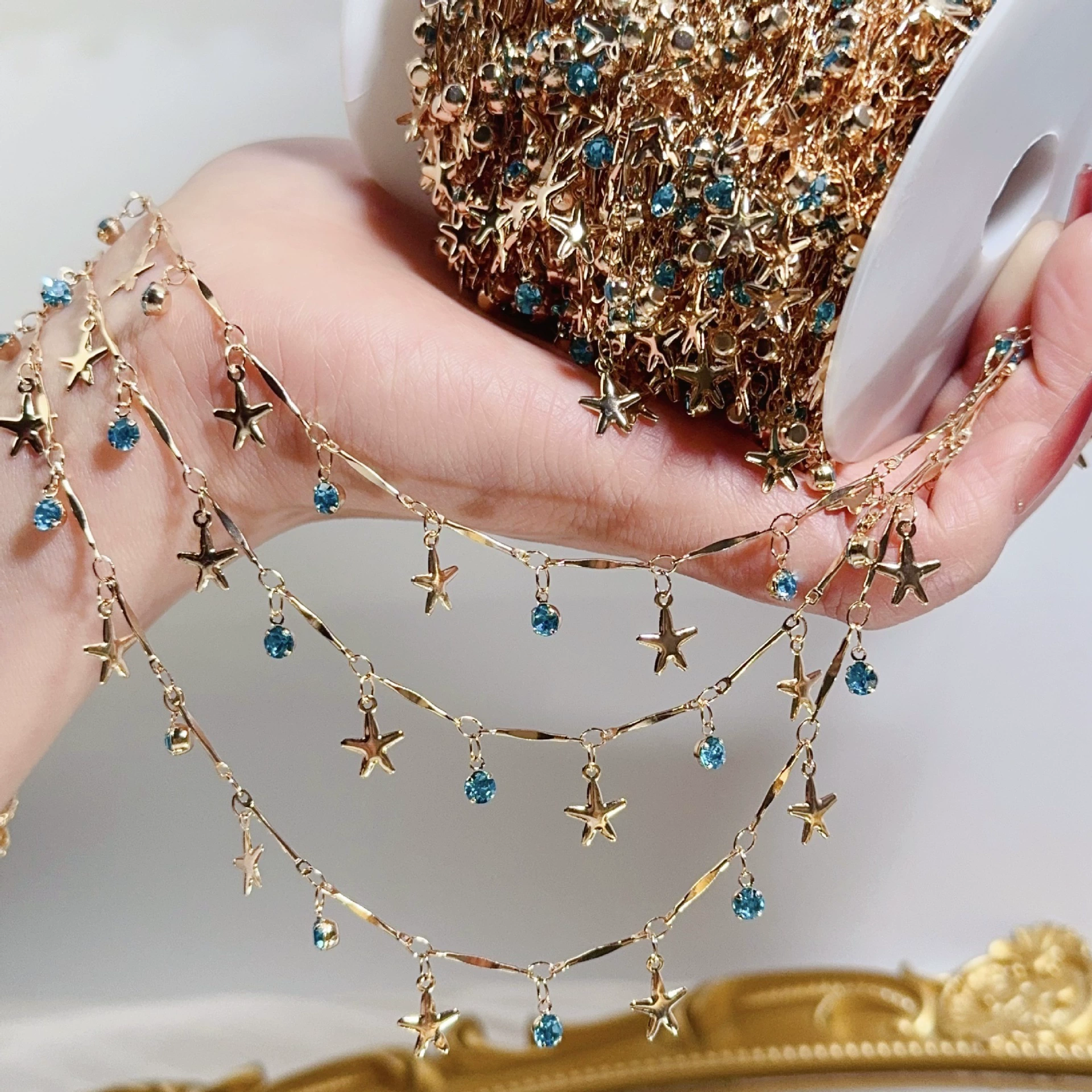 DIY цепь Дочь Моря чистая медь океан серия цепь прямая палка звезда морская голубой бриллиант цепь цветонакопительная бижутерия аксессуары