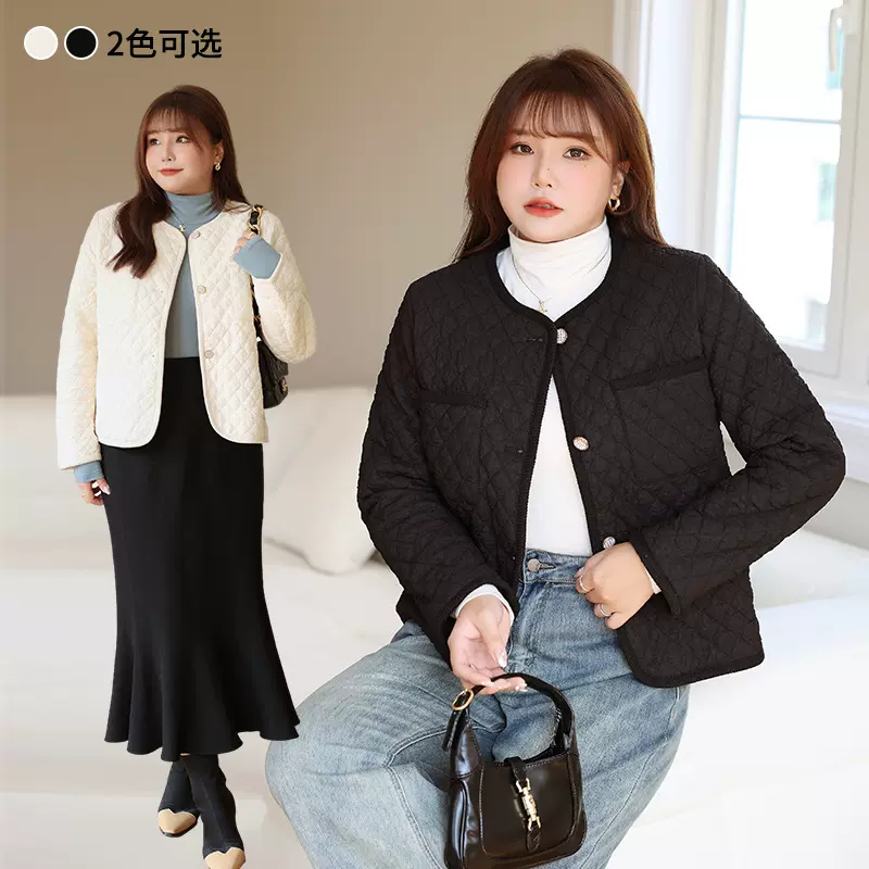 皱感菱形格轻薄棉服外套 润其8528大码秋冬法式休闲压花棉衣外套