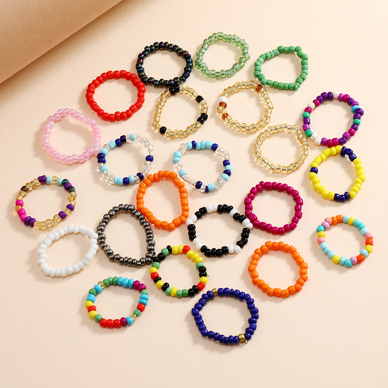 Factory in stock Japanese and Korean style mixed color beige beads elastic ring fashion ins style color beaded ring