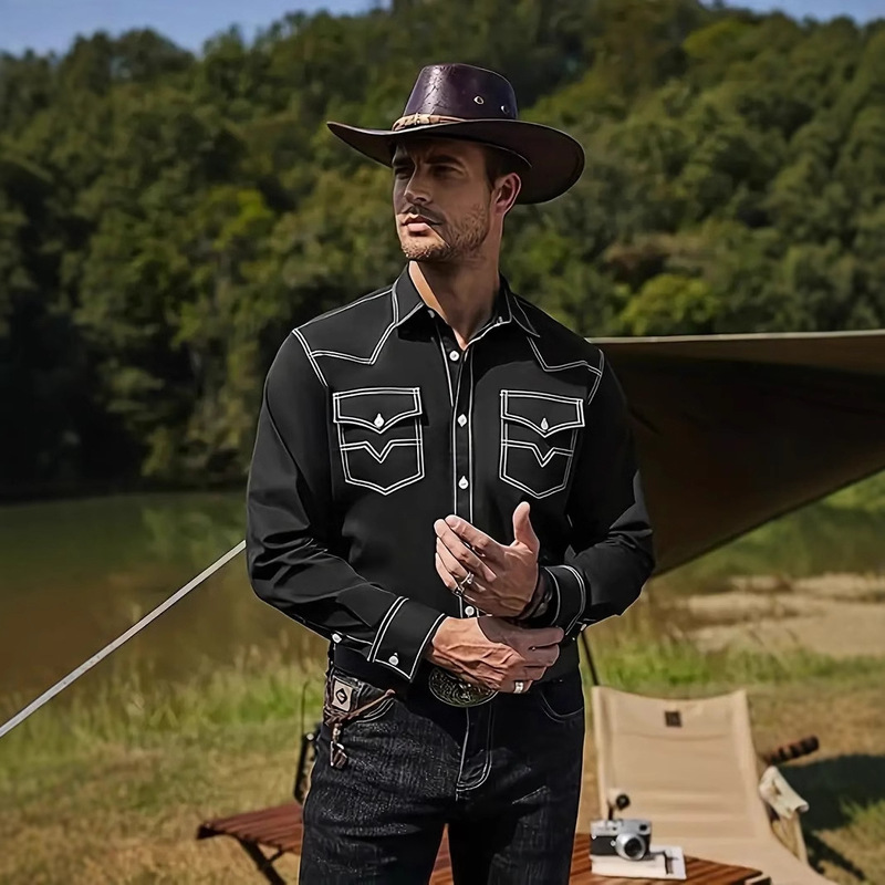 Foreign Trade Spring New Men's Western Denim Casual Oxford Cloth Long Sleeve Lel Shirt Street Hip Hop Style