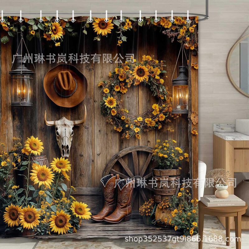 Amazon Temu Hot-Selling Western Cowboy Shower Curtain Polyester Digital Printing Barn Wood Door Shower Curtain Manufacturer Wholesale