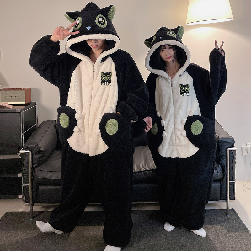 ワンピースのカップルのパジャマの女性の珊瑚の絨毯は厚いです。秋冬の男性のファスナーのフランネルの家の服は一体になります。|undefined